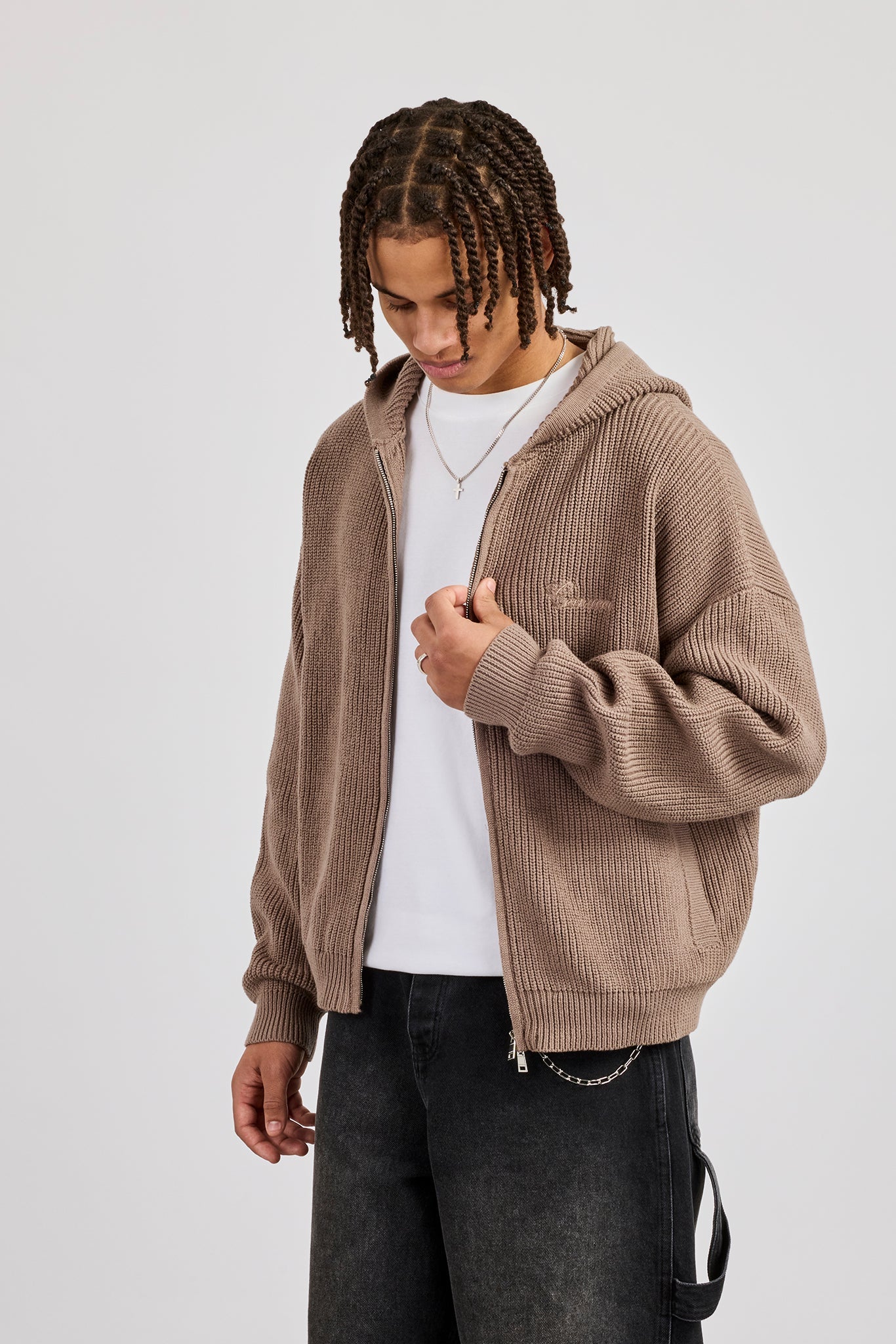 Chunky Knitted Zip Through Hoodie - Taupe